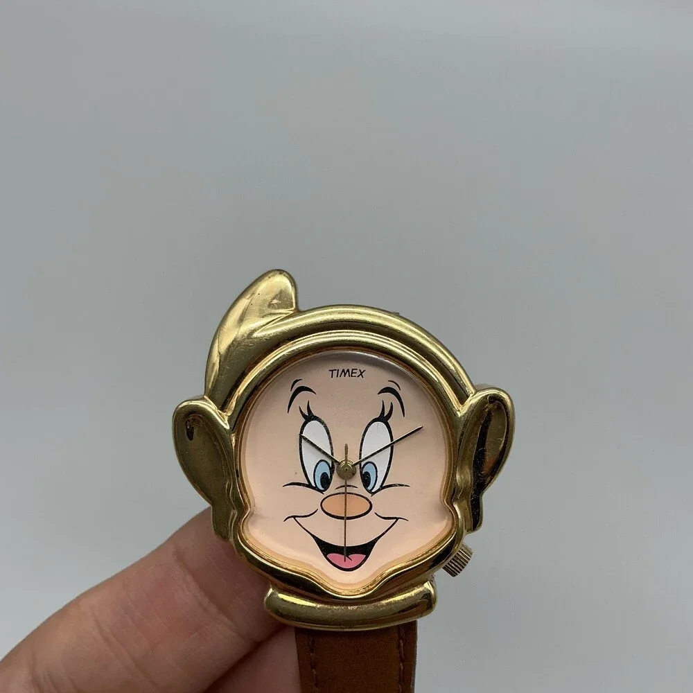 Timex Disney Dopey Womens Watch 35mm Gold Tone Brown Leather Band New Battery